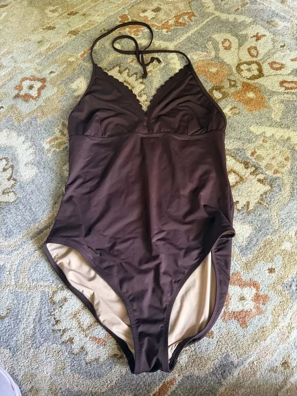 J.Crew Scalloped V-Neck One-Piece Swimsuit in Chocolate Brown